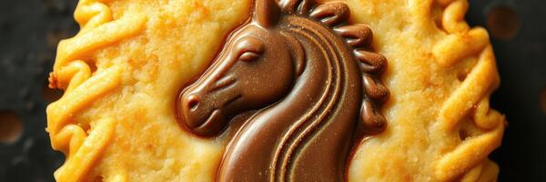 Delicious unicorn-shaped cookie decorated with chocolate icing on a dark background at a cozy baking setting photo