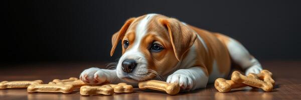 Cute puppy with playful expression surrounded by dog treats on a wooden floor in a cozy indoor setting photo