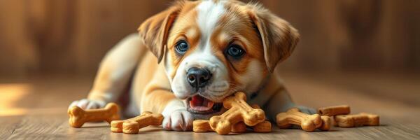 Cute puppy playing with dog bones indoors in a cozy setting photo