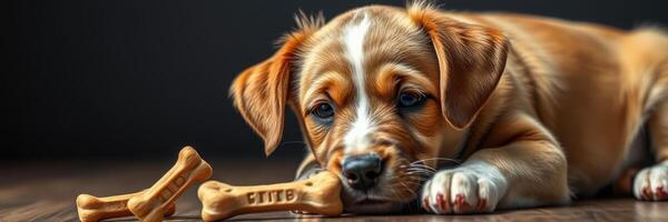 Puppy with dog bones lying on a wooden floor in a cozy setting during the afternoon photo