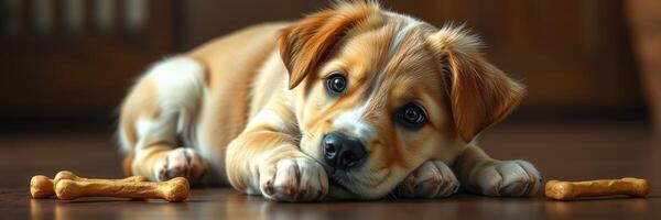 Cute puppy resting on wooden floor near dog bones, showcasing a moment of relaxation and playfulness in a cozy indoor setting photo