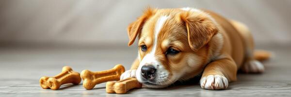 Adorable puppy relaxing with dog bones on a wooden floor in a cozy indoor setting photo