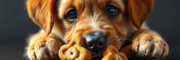 Puppy enjoys delicious dog treats in cozy indoor setting photo