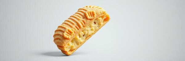 Deliciously crafted cookie with unique texture hovering against a light background photo