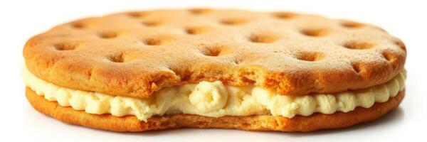 Delicious dessert sandwich featuring vanilla cream filling between two crunchy wafers photo