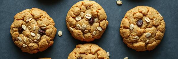 Delicious homemade oatmeal cookies arranged on a dark surface with chocolate chips and oats accentuating their texture and flavor photo