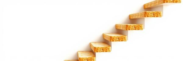 Wooden stairs leading upward against a plain white wall inside a modern space photo