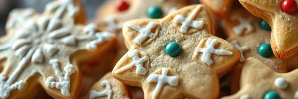 Festive holiday cookies decorated with icing and colorful candy suitable for seasonal celebrations photo