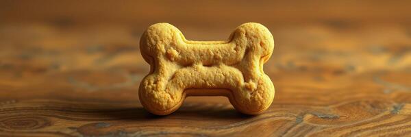 Dog bone shaped treat placed on rustic wooden surface for pets or dog lovers to enjoy photo