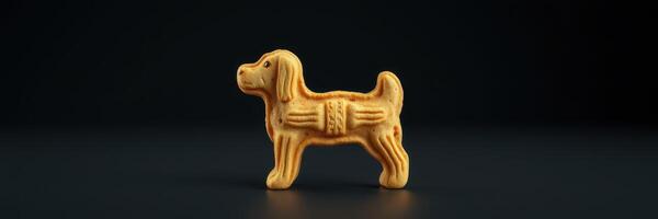 Dog-shaped biscuit stands on a dark surface highlighting its detailed design and golden-brown color photo