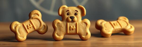 Cute dog-shaped biscuits arranged on a wooden table, perfect for pet lovers and dog owners photo
