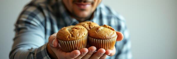 Man holds freshly baked muffins in front of a light gray background showcasing baking skills and culinary delight photo