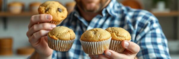 Freshly baked muffins held by a man in a checkered shirt in a cozy kitchen setting photo