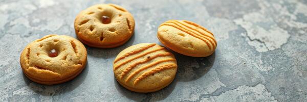 Four unique cookies arranged artistically on a textured surface, highlighting their diverse designs and colors photo