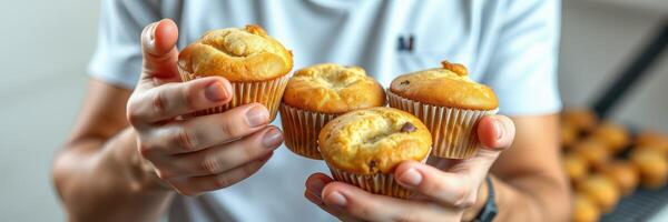 Man holds four freshly baked muffins in a cozy kitchen setting during a relaxed afternoon photo