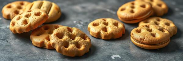 Delicious golden cookies arranged on a dark surface inviting a sweet treat experience photo