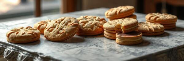 delicioso galletas arreglado en un mármol mesa en un acogedor café ajuste durante el tarde foto