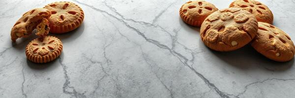 Freshly baked cookies displayed on a marble countertop with various shapes and textures at a cozy kitchen setting photo