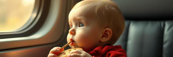Curious baby enjoying snack while gazing out the window during train journey photo