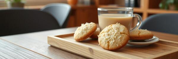 Enjoying coffee and cookies on a wooden tray in a cozy indoor setting during the afternoon photo