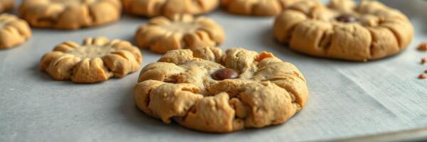 Freshly baked cookies cooling on parchment paper in a cozy kitchen setting photo