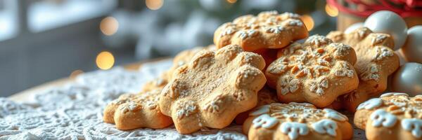 Deliciously decorated holiday cookies arranged on a table surrounded by festive decorations photo