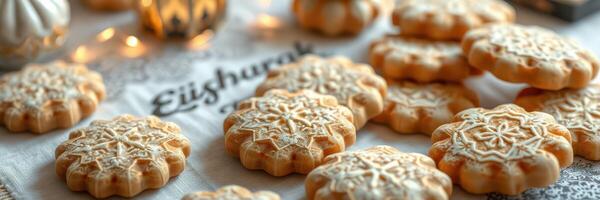 Deliciously decorated cookies arranged on a cloth with festive accents in a cozy setting photo