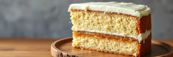 Delicious sponge cake with creamy frosting and fruit filling ideal for celebrations photo
