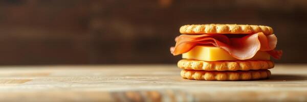 Unique dessert stack with crunchy cookies, sweet fruit leather, and creamy cheese on rustic wooden table photo