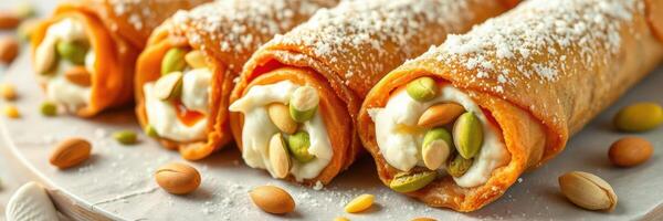 Delicious pistachio filled rolls on a white plate with powdered sugar sprinkled on top photo