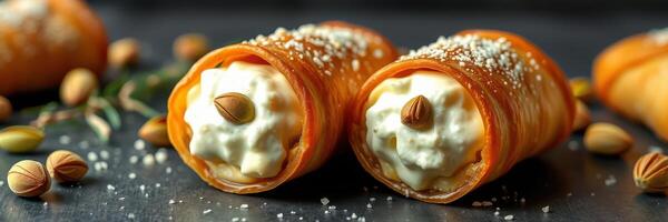 Delicious dessert featuring cream-filled pastry rolls topped with nuts served in a gourmet setting photo