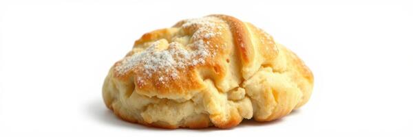 Freshly baked sweet bun with powdered sugar on top served on a plain surface photo