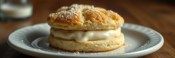 Delicious homemade biscuit layered with creamy filling and powdered sugar on a plate photo