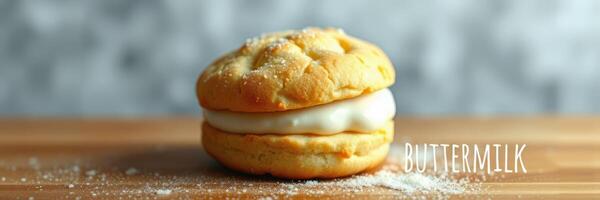 Buttermilk biscuit sandwich with creamy filling displayed on a wooden board in a cozy kitchen setting photo