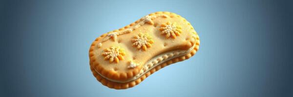 Unique biscuit with decorative floral pattern against a blue background creating an appealing visual for baking enthusiasts photo