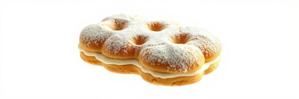 Sweet cream-filled pastry topped with powdered sugar sits against a plain background photo