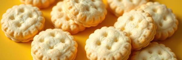 Delicious crispy wafers stacked on a bright yellow plate ready for a snack or dessert photo