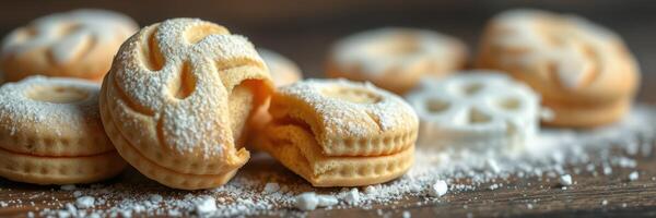 Delicious cookie assortment with powdered sugar and a couple of bites taken out on a wooden surface photo