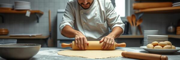 Chef skillfully rolls dough in a cozy kitchen setting during a baking session photo