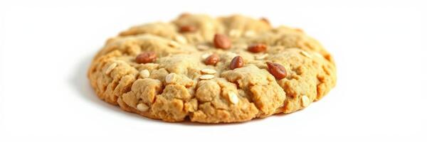 Oatmeal cookie topped with sunflower seeds on a plain background photo