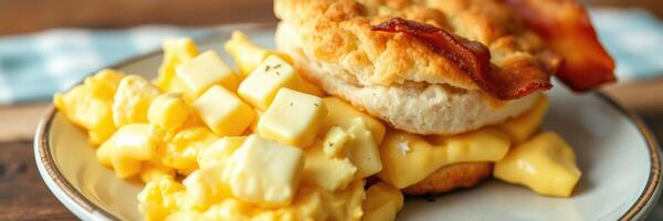Delicious breakfast sandwich featuring scrambled eggs, cheese, and crispy bacon served with diced potatoes photo
