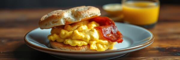 Breakfast biscuit with scrambled eggs and bacon served with orange juice photo