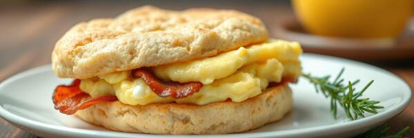 Breakfast sandwich with eggs and bacon served on a biscuit with fresh herbs on a plate photo