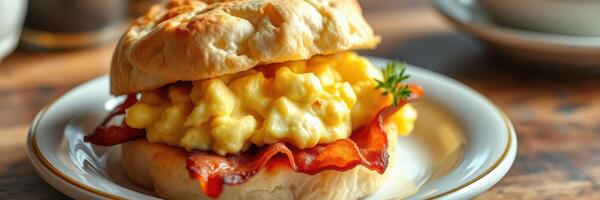 Breakfast sandwich with crispy bacon and creamy scrambled eggs served on a biscuit in a cozy cafe setting photo