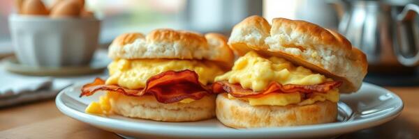 Delicious breakfast sandwich with eggs and bacon served on a plate at a cozy cafe in the morning photo