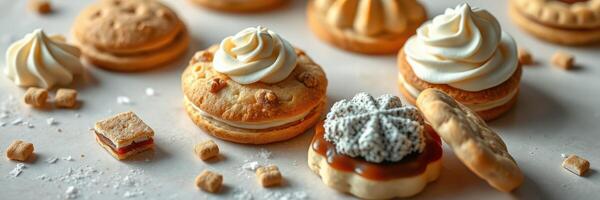 Delicious assortment of homemade cookies with cream and caramel icing displayed on a light background photo