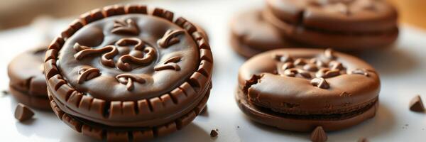 Delicious chocolate cookies arranged on a white plate with intricate designs and rich textures photo