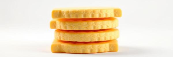 Stack of four vibrant yellow cheese slices against a plain background photo