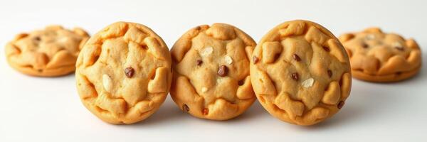 Deliciously baked cookies arranged in a neat line on a white background, showcasing their texture and golden color photo
