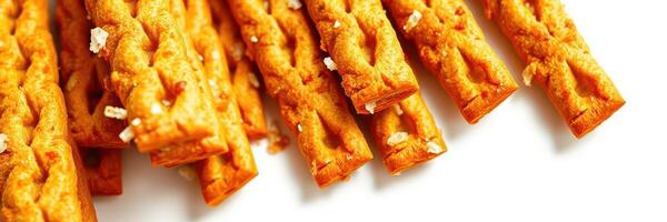 Crunchy snack sticks on a white surface ready for a tasty treat photo